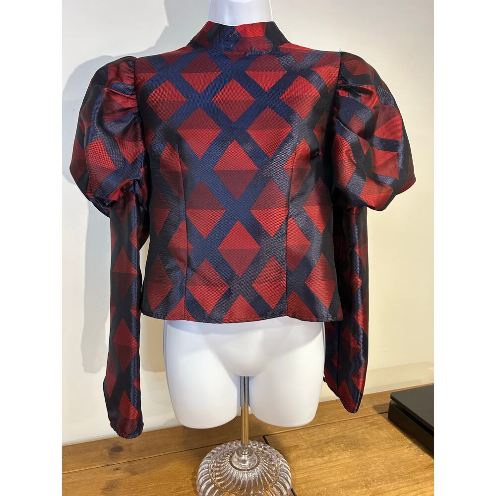 GARCIA M Red Blue Check Mock Neck Exaggerated Puff Sleeve Structured Bodice Chic